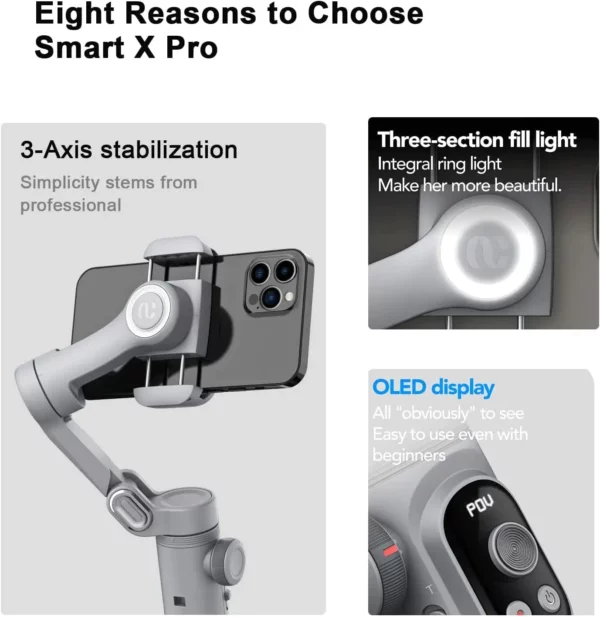 Stabilisateur de cardan professionnel pour smartphone, chargement sans fil, affichage OLED, lumière LED, roue de mise au point, déterminer, 3 axes, Smart X Pro – Image 2