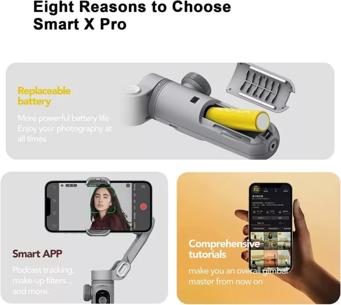 Stabilisateur de cardan professionnel pour smartphone, chargement sans fil, affichage OLED, lumière LED, roue de mise au point, déterminer, 3 axes, Smart X Pro – Image 6