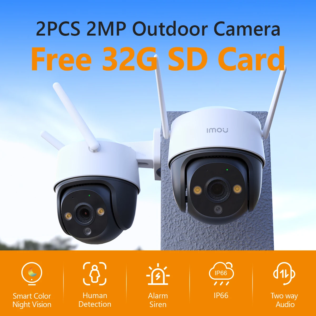 IMOU 2PCS Outdoor IP66 Free 32G Cruiser SE+ 2MP Set Camera Wi-Fi Smart Color Night Vision 360° Coverage Smart Auto Tracking