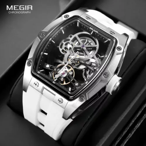 MEGIR montre mécanique automatique pour hommes avec boîtier en acier inoxydable bracelet en Silicone cadran squelette montre-bracelet de Sport étanche