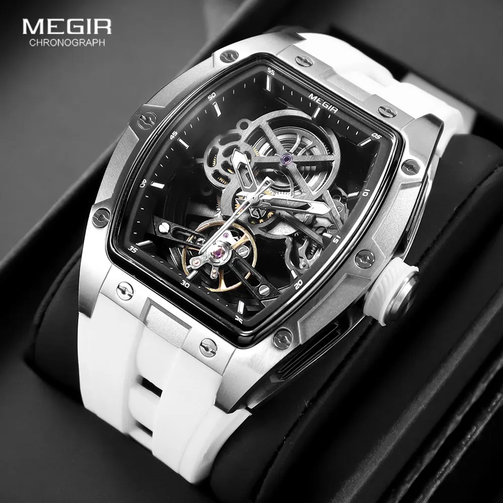 MEGIR montre mécanique automatique pour hommes avec boîtier en acier inoxydable bracelet en Silicone cadran squelette montre-bracelet de Sport étanche